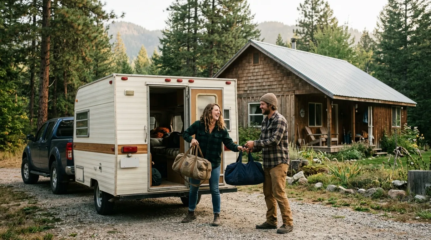 Couple hitching a camper to a pickup