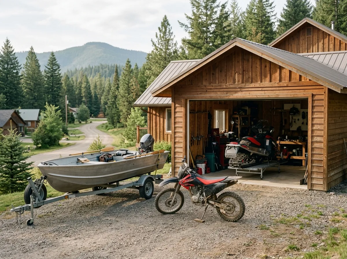 Garage with boat, snowmobile and dirt bike